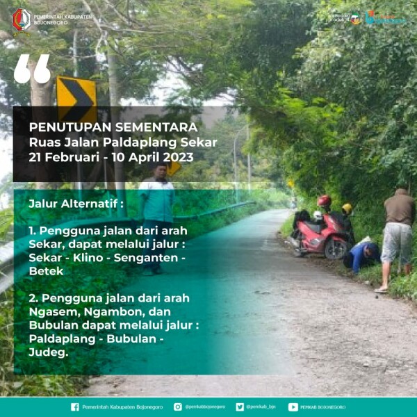 Pemkab Bojonegoro Tutup Sementara Jalan Paldaplang Sekar, Imbau Warga Lewat Alternatif